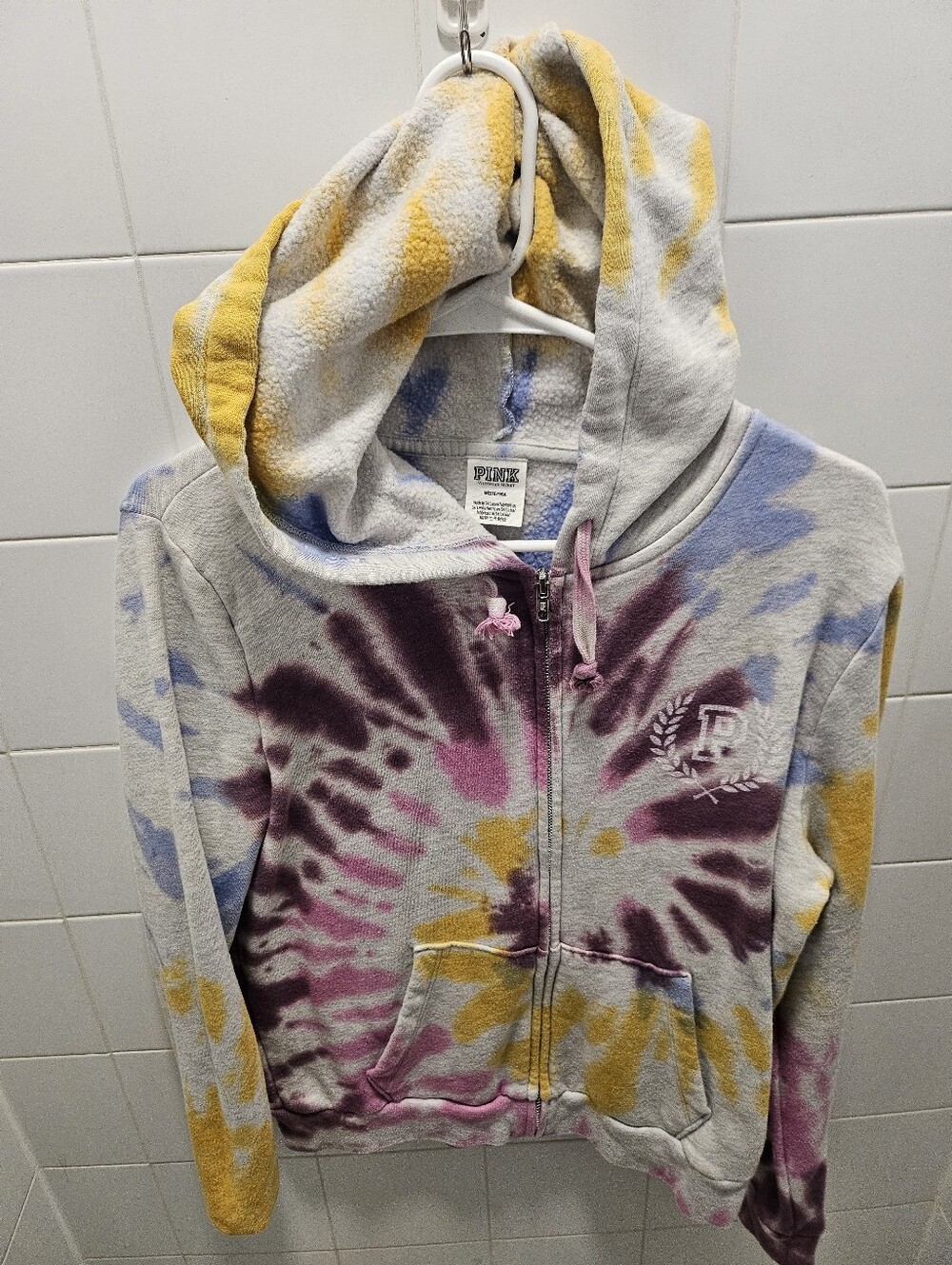 PINK Victoria's Secret Tie-Dye Zip-Up Hoodie in Gray, Pink, Purple & Yellow